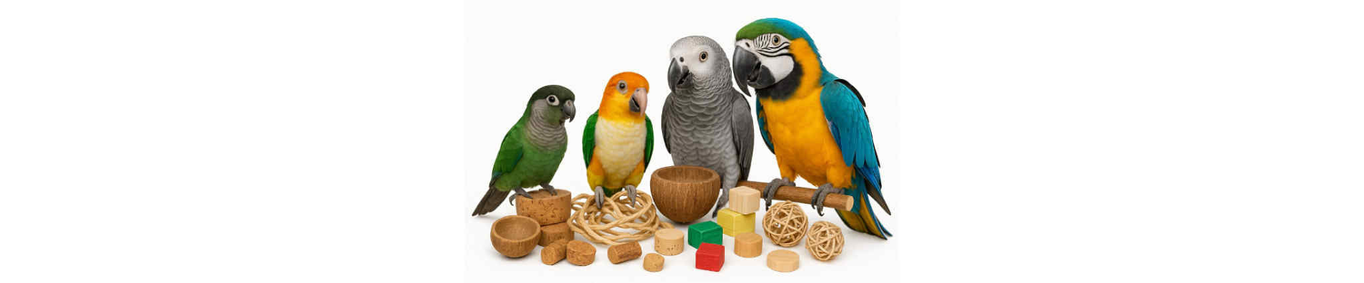 Onderdelen om zelf papegaaien speelgoed te maken – palm cups, wilgenhout, kurk, houten blokken en papiertouw met parkiet tot ara