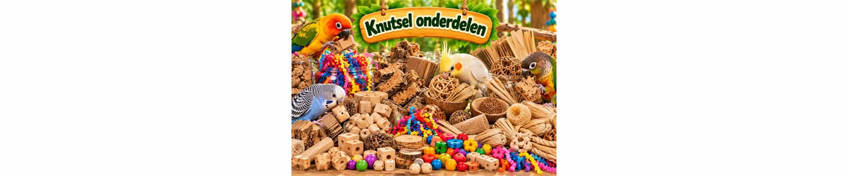 Onderdelen om zelf papegaaien speelgoed te maken – palm cups, wilgenhout, kurk, houten blokken en papiertouw met parkiet tot ara
