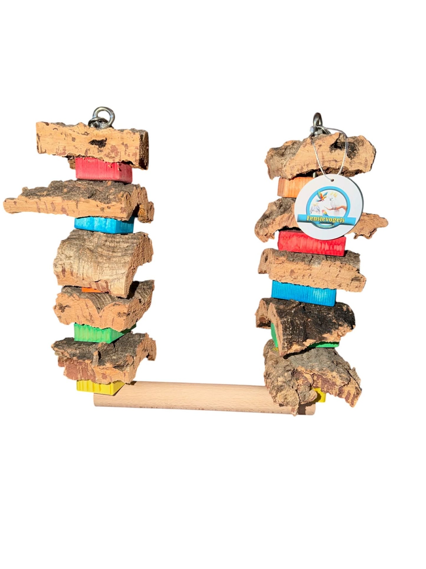 Fensievogels Schommel met Kurk & Gekleurde Blokken – RVS & Beukenhout (35cm)